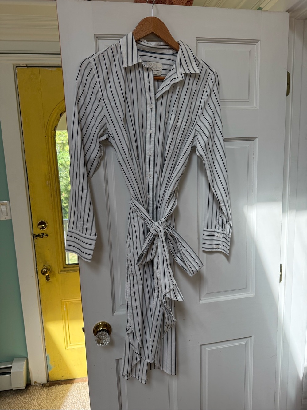 J. Crew White Button-Down Shirt Dress with Black Stripes